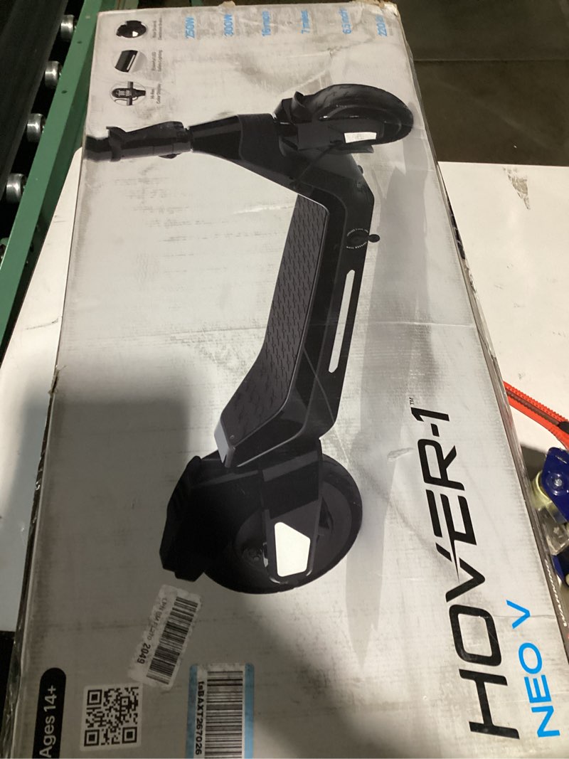 Condition photo showing As Is for hover-1 neo family foldable electric scooter with 300w/250w/200w rated brushless motor, 16/14/12 mph max speed, 8.5"/6.5” wheels, 10/7 mile range commuting scooter for kids & teens aged 4 to 16 neo v (ages 8 - 12) black