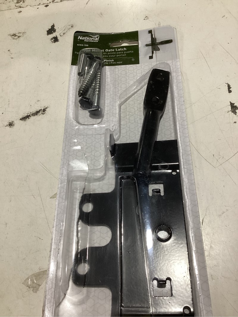 Condition photo showing As Is for national hardware 6.77 in. h x 6.75 in. w x 5 in. l matte steel post gate latch