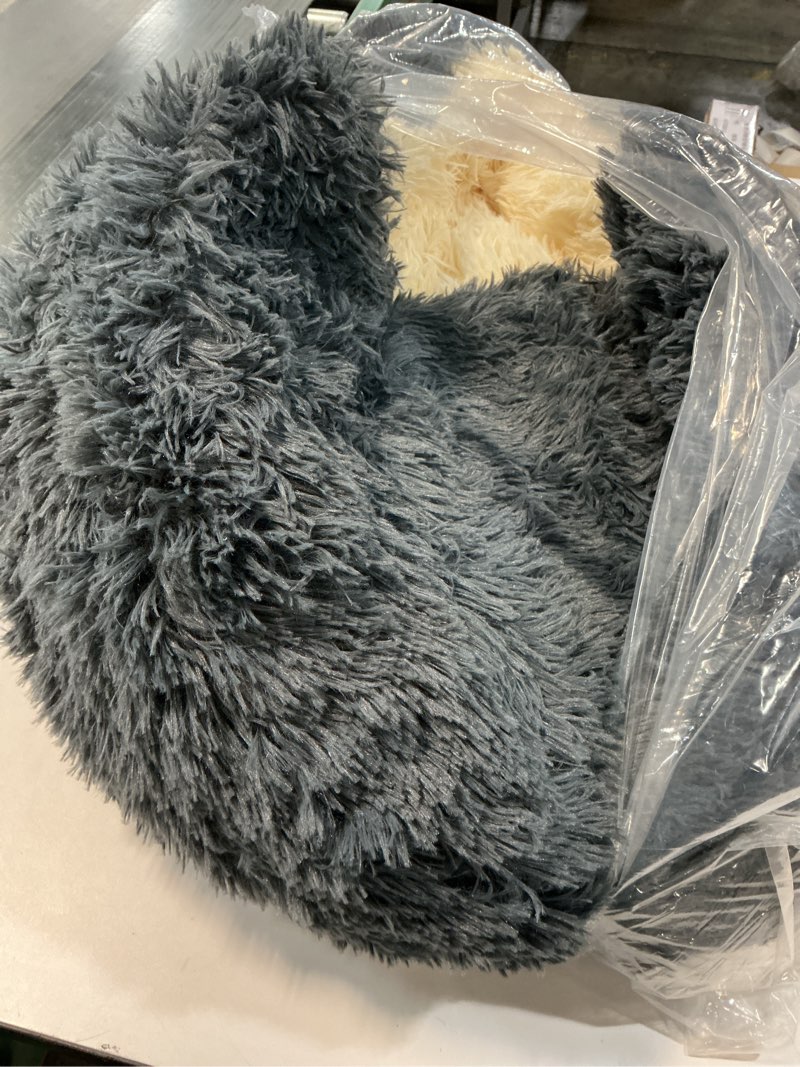 Condition photo showing New/Like New for NOYAL Round Hooded Donut Dog Bed for Small & Medium Pets - Plush Fluffy Anti-Anxiety Cat Cave Bed with Cover Large 27.5'' Dark grey