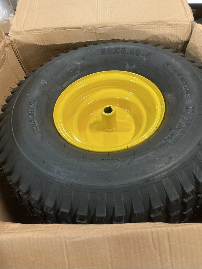 Condition photo showing Good Condition for (2-pack) 20x8.00-8 rear tire and wheel assemblies - 4 ply tubeless tire compatible replacement for riding lawn mowers - 3/4" borehole, 3.5" offset hub and 3/16" keyway 20 x 8.00-8" tubeless (offset hub) yellow