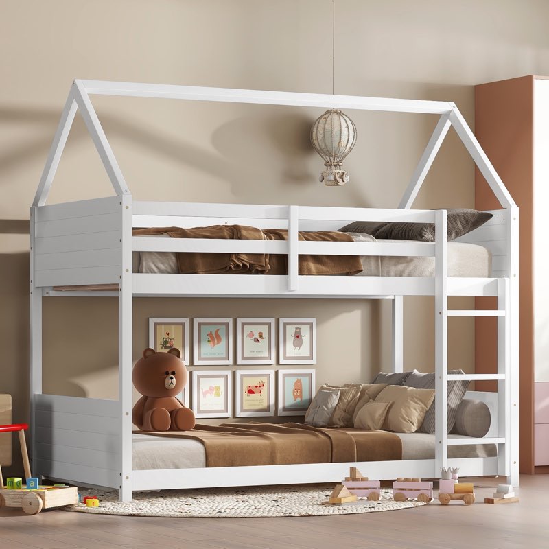 twin over twin house bunk bed with roof design, rubber wood construction, safety guardrails & ladder, low-profile floor bed, 500lb total capacity