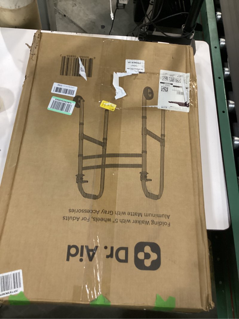 Condition photo showing New/Like New for dr. aid folding walker with wheels - lightweight walkers for seniors - 5" auto brake double front wheel rolling walker - durable aluminum frame, adjustable height, supports up to 320lbs - gray auto-brake aluminum gray