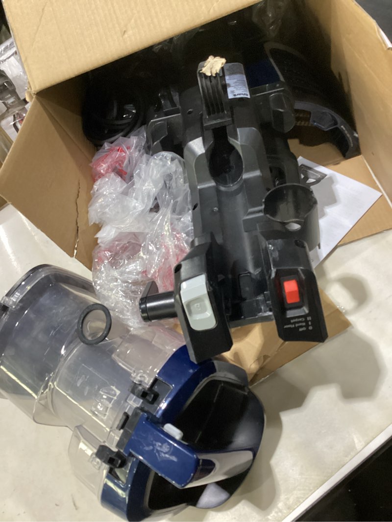 Condition photo showing As Is for shark upright vacuum, navigator lift-away deluxe with large dust cup capacity, hepa filter, swivel steering, upholstery tool & crevice tool, blue, nv360