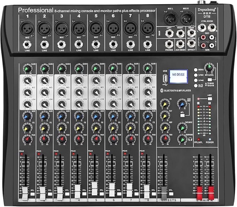Depusheng DT8 Professional Mixer Sound Board Console 8 Channel Desk System Interface Digital USB Computer MP3 Input 48V Phantom Power Stereo DJ Studio FX Steel Chassis,Black