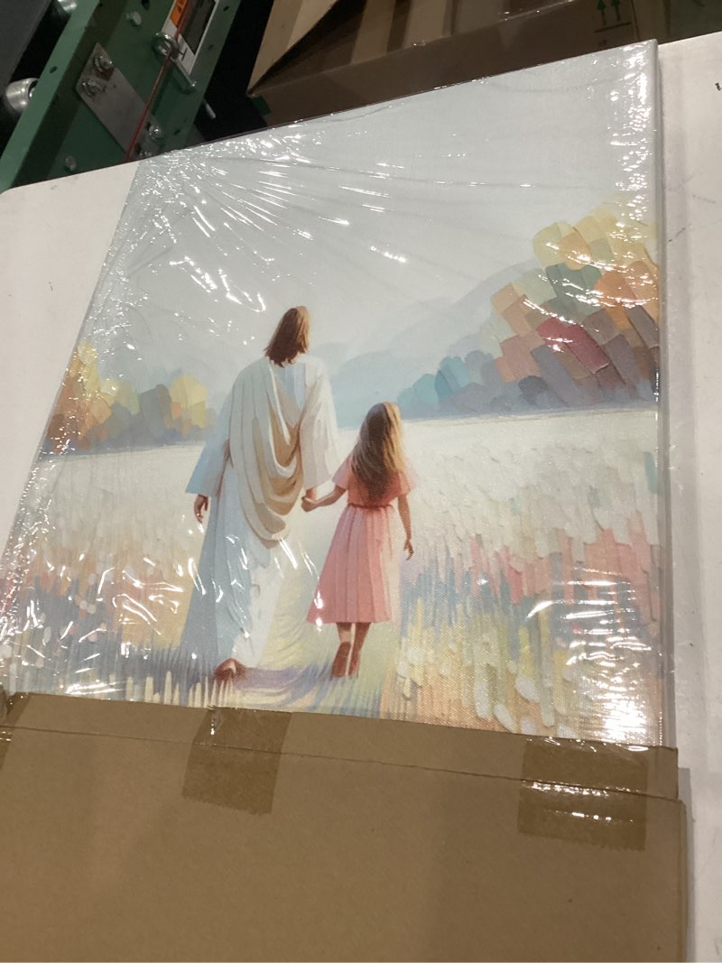 Condition photo showing Good Condition for jesus canvas wall art girl walking with painting pictures wall decor christian spiritual religious gift posters prints for prayer room living room women gift scene home decoration jesus girl 16l" x 12w"