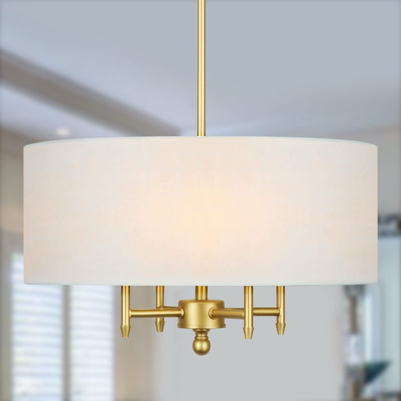 20" Gold Modern Drum Chandelier, 4-Light Hanging Ceiling Chandeliers with White Fabric Shade, Adjust