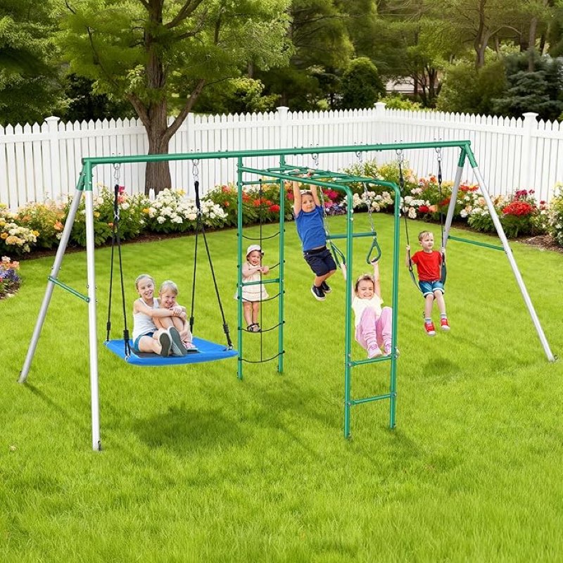 hapfan swing sets for backyard with monkey bars, belt swing, platform swing, climbing net, trapeze bar, outdoor playset for kids (patented)