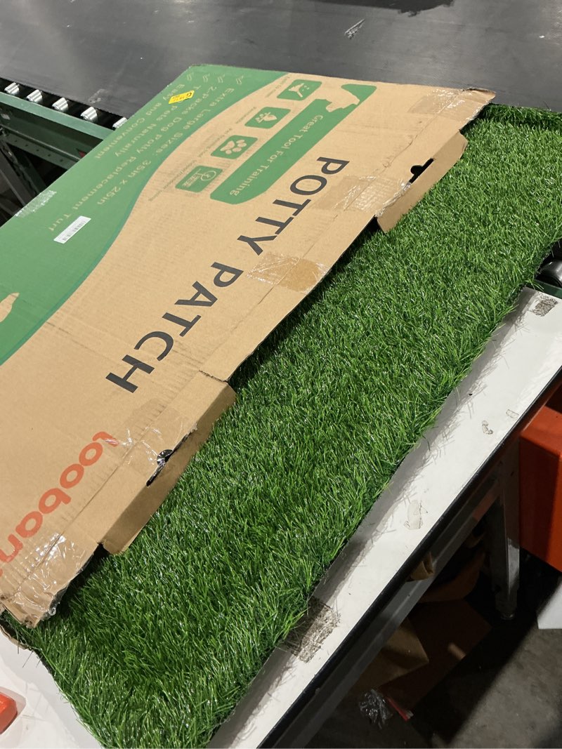 Condition photo showing As Is for loobani large dog grass pad with tray - 35x23in dog litter box with 2 artificial grass patch + 2 washable pee pads - quickly absorbency indoor outdoor potty for patio balcony apartment use 35"×23" (5-layer potty system)