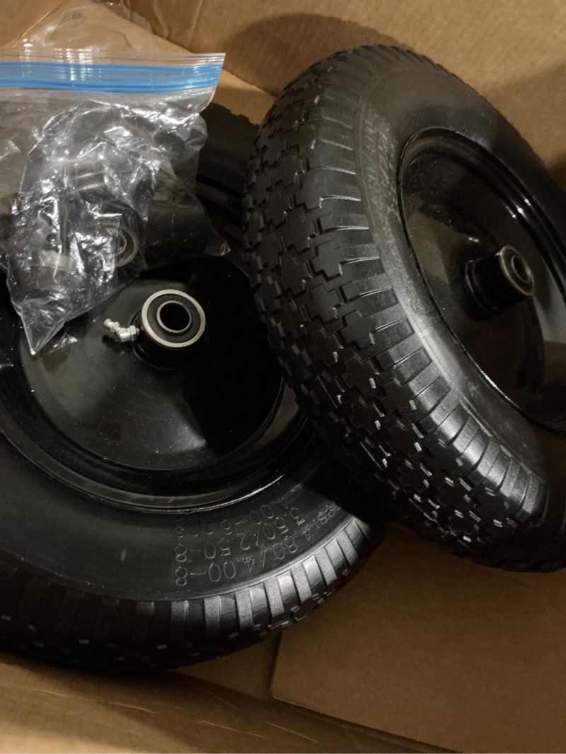 Condition photo showing Good Condition for 4.80/4.00-8" flat free tire and wheel 14.5" wheelbarrow tire,with 5/8" axle bore hole,3"center hub and 3/4" bearings,universal replacement solid tire for hand truck/utility cart/garden cart (black)
