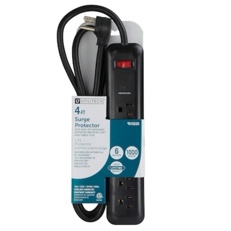 Utilitech 4-ft Surge Protector 6 -Outlet 1000 Joules 1875 -Watts Black Indoor AC Surge Protector