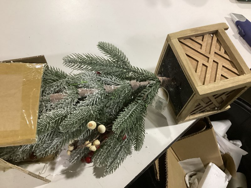 Condition photo showing Good Condition for Briful 23.6'' Mini Table Top Christmas Tree with Red Berries – Small Faux Cypress Christmas Tree with Rustic Wooden Base, Realistic Norfolk Pine Tree for Home Office Desk Holiday Centerpiece Decor Red Berry