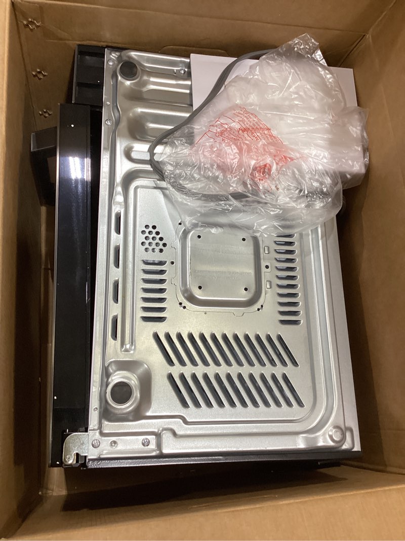Condition photo showing As Is for toshiba ml-em09pa(bs) small microwave oven with 6 auto menus, mute function, led lighting countertop microwave perfect for kitchen, 0.9 cu ft, 10.6 inch removable turntable, 900w black stainless steel advanced-0.9 cu ft-900w-black stainless steel