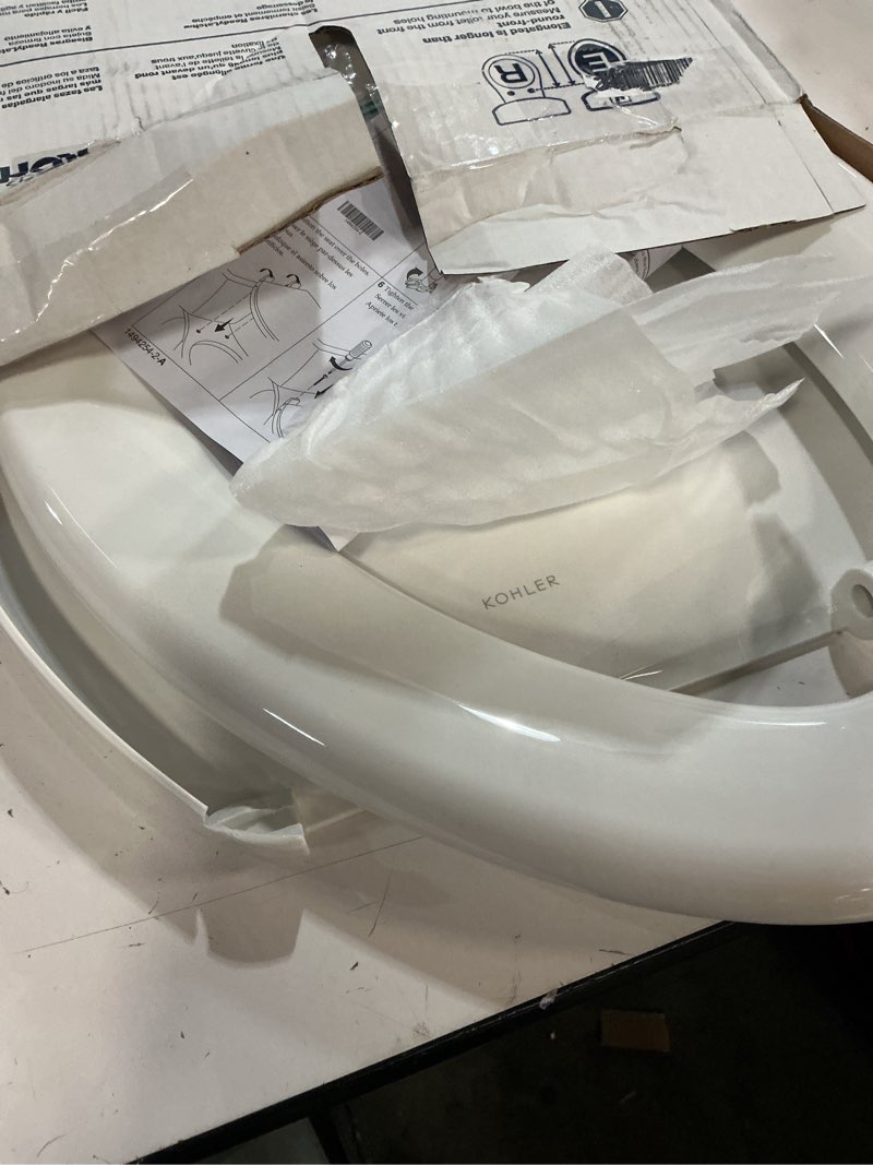 Condition photo showing As Is for KOHLER K-26801-0 Impro ReadyLatch Quiet Close Elongated Toilet Seat, White Toilet Seat, Grip-Tight Bumpers, New Home Essentials, Slam Prevention White Elongated