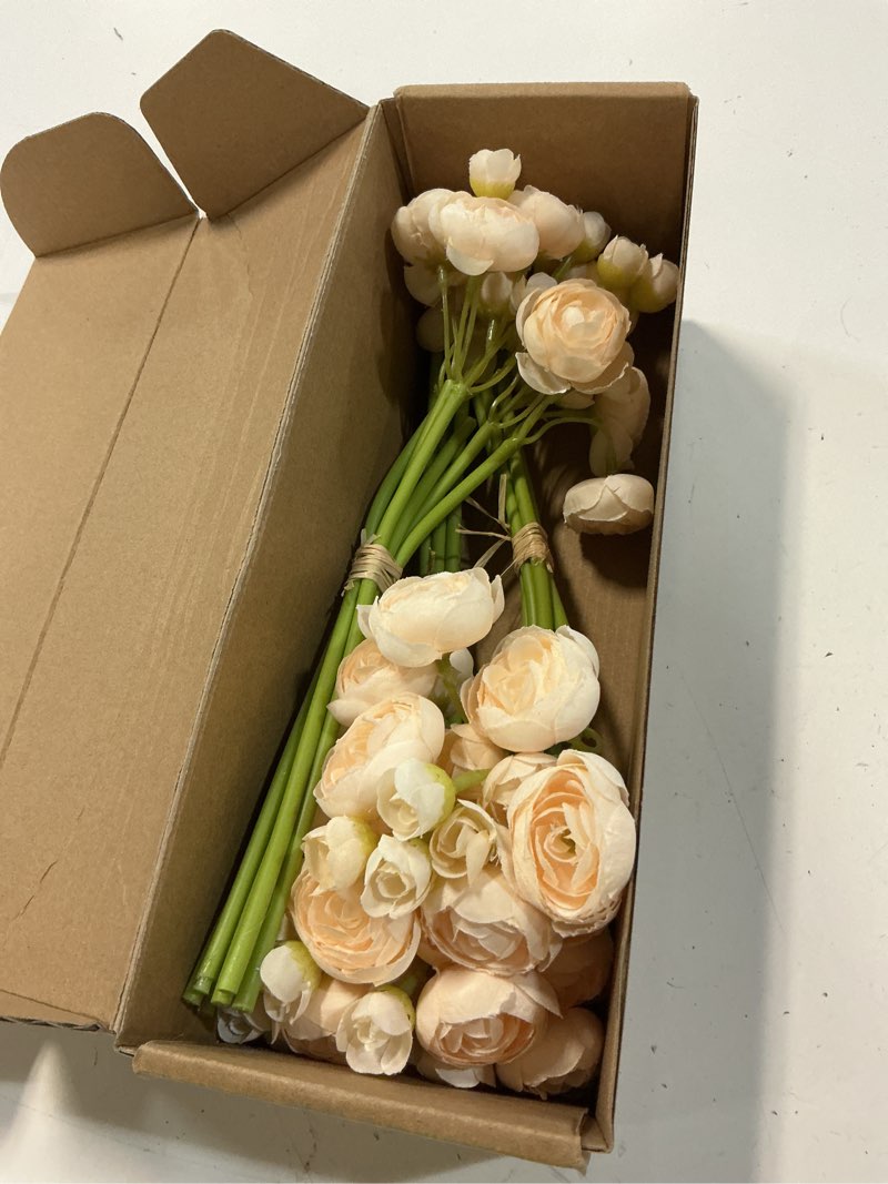 Condition photo showing Good Condition for floroom ranunculus artificial flowers 18 pcs champagne faux silk mini ranunculus bulk fake wedding filler flowers for diy cream bouquets, centerpieces, bridal shower decorations & arrangements