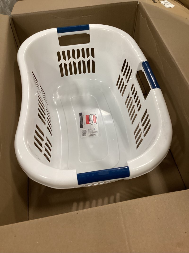 Condition photo showing Good Condition for rubbermaid hip hugger laundry basket fg299787wht 3 handle 1.5 bushel white