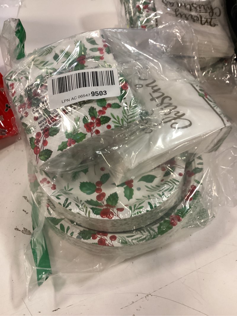 Condition photo showing New/Like New for Christmas Party Supplies, Serve 50, Christmas Seasonal Holly Tableware Includes: Paper Dinner Plates, Dessert Plates, Luncheon Napkins and Beverage napkins, Great for Party Decorations