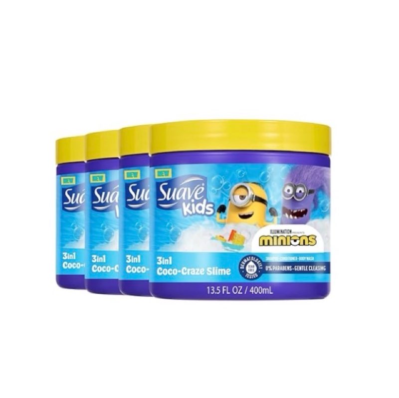 suave kids minions coco-craze slime 3-in-1 shampoo, conditioner, and body wash, for tear-free and gentle cleansing, 13.5 oz, 4 pack