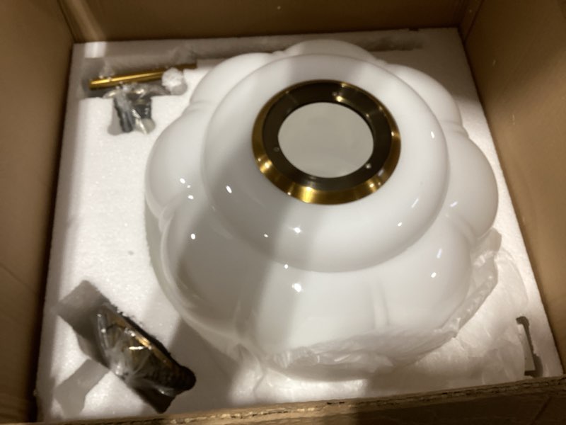 Condition photo showing As Is for 15in White Milk Glass Ceiling Light Fixture, LED Bulb Included, Vintage Semi Flush Mount Pendant Light Antique Brass Mid Century Art Deco Chandelier for Kitchen Dining Room Hallway Bedroom White 15in