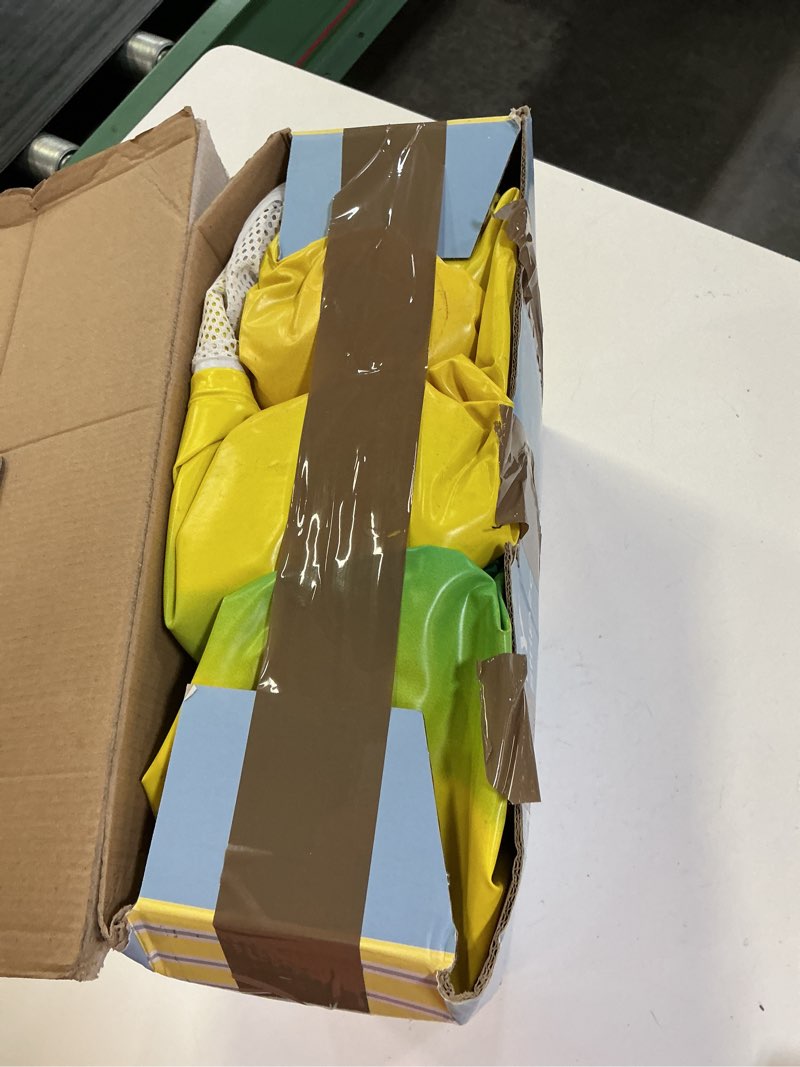 Condition photo showing As Is for funboy tanning pool lounger float yellow & blue stripe, xl 72" x 48" with pillow and large cup holder