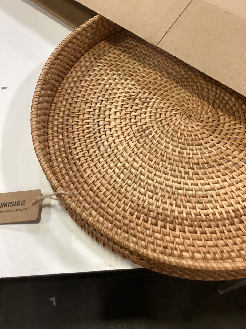Condition photo showing Good Condition for 16.9" round rattan tray, hand woven serving tray with handles, wicker serving basket, decorative tray for home decor, natural natural 16.9"