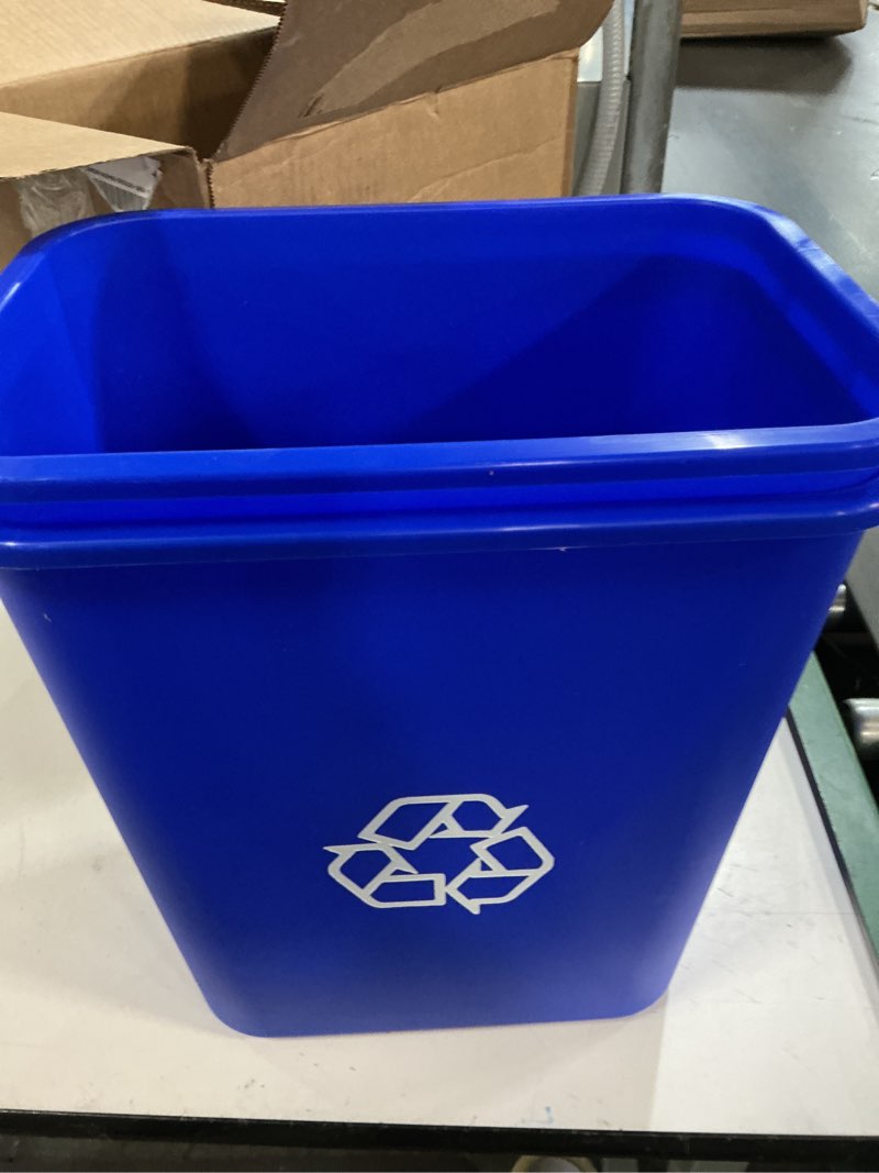 Condition photo showing Good Condition for amazon basics rectangular commercial office recycling wastebasket with recycle logo, easy to clean, 7 gallon, blue, pack of 2