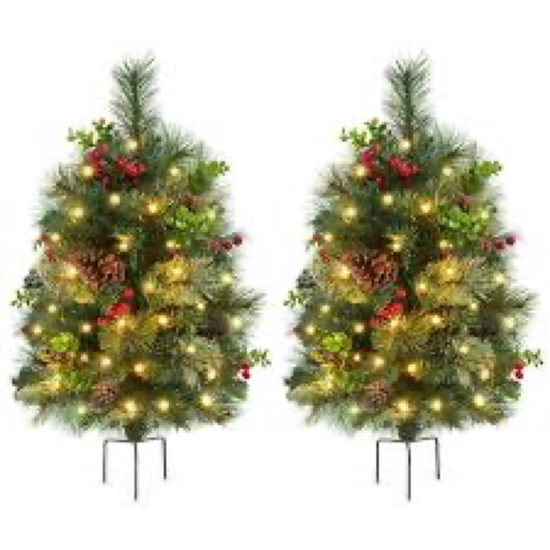 Yaheetech 2Pcs Pre-lit Mini Christmas Trees,2FT Artificial Christmas Tree with Stakes for Driveway, Yard, Garden,Pathway Christmas Tree with LED Lights, Red Berries, Pinecones,Green