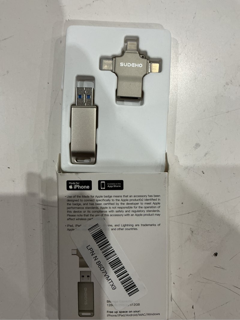 Condition photo showing Good Condition for mfi certified photo stick 128gb usb flash drive for iphone, 4 in 1 external memory thumb drive for picture video saver and backup, high speed memory stick usb drive for iphone/ipad/android/pc (silver) 128 gb silver