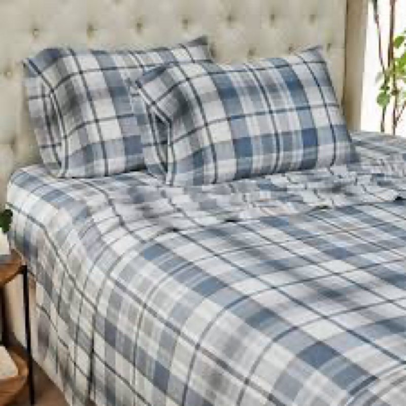 (size unknown, similar pattern to stock photo) blue-navy-white plaid cotton sheet set