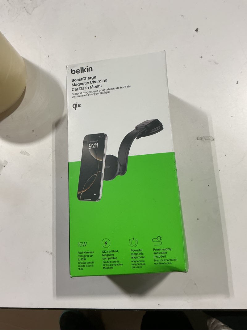 Condition photo showing Good Condition for belkin wireless car charger, magsafe phone holder & car dash mount w/ 1m usb c cable, qi2 magsafe compatible fast charging iphone charger for iphone 17, galaxy s25, pixel 10, road travelers, black