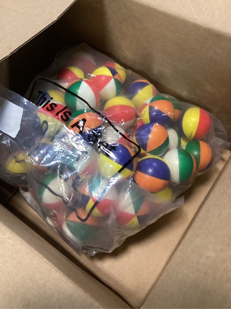 Condition photo showing As Is for jexine 150 pcs mini beach stress balls bulk 2.5 inches small beach balls mini rainbow squeeze toys for party favors girls boys summer birthday hawaiian games water supplies(dark color)