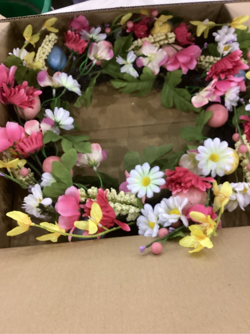 Condition photo showing Good Condition for 18 inch Easter Wreath Decorations for Home Easter Door Wreaths for Front Door Artificial Spring Flower Eggs Wreaths Decorations for Home Indoor Outdoor Outside Porch Wall