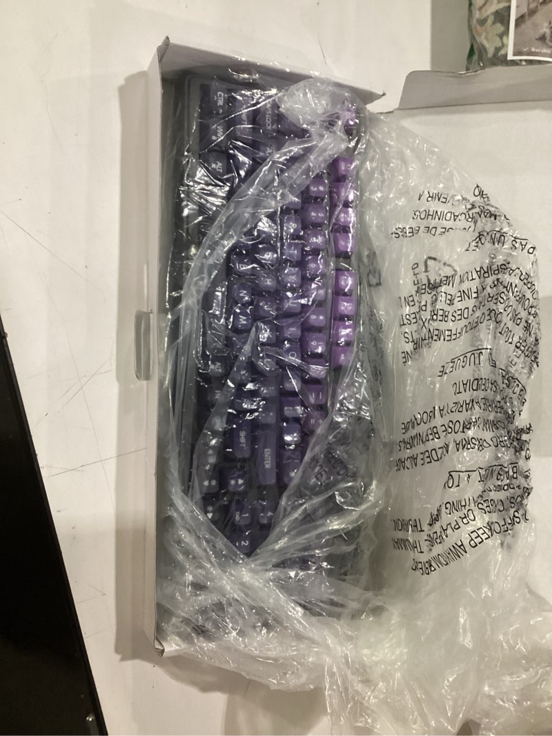 Condition photo showing Good Condition for freewolf m96 wireless gaming keyboard creamy membrane with rainbow backlight,media knob,lcd screen,dual mode-bluetooth/2.4ghz,ball shape pbt keycap 94 key ansi layout for win mac pc gamer(purple)