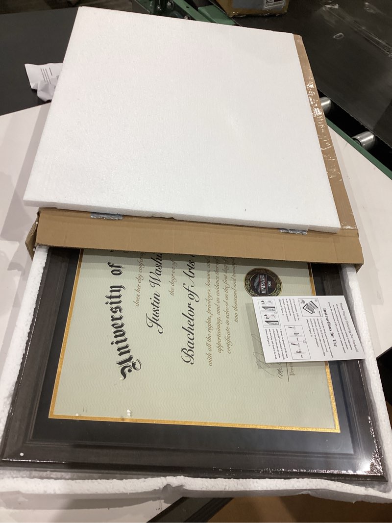 Condition photo showing Good Condition for 16x20 diploma frames 14x17 with black mat, fits degree certificate document, 20 x 16 walnut color frame with tempered glass panel for wall mounting black mat-1 16x20 or 14x17 with mat
