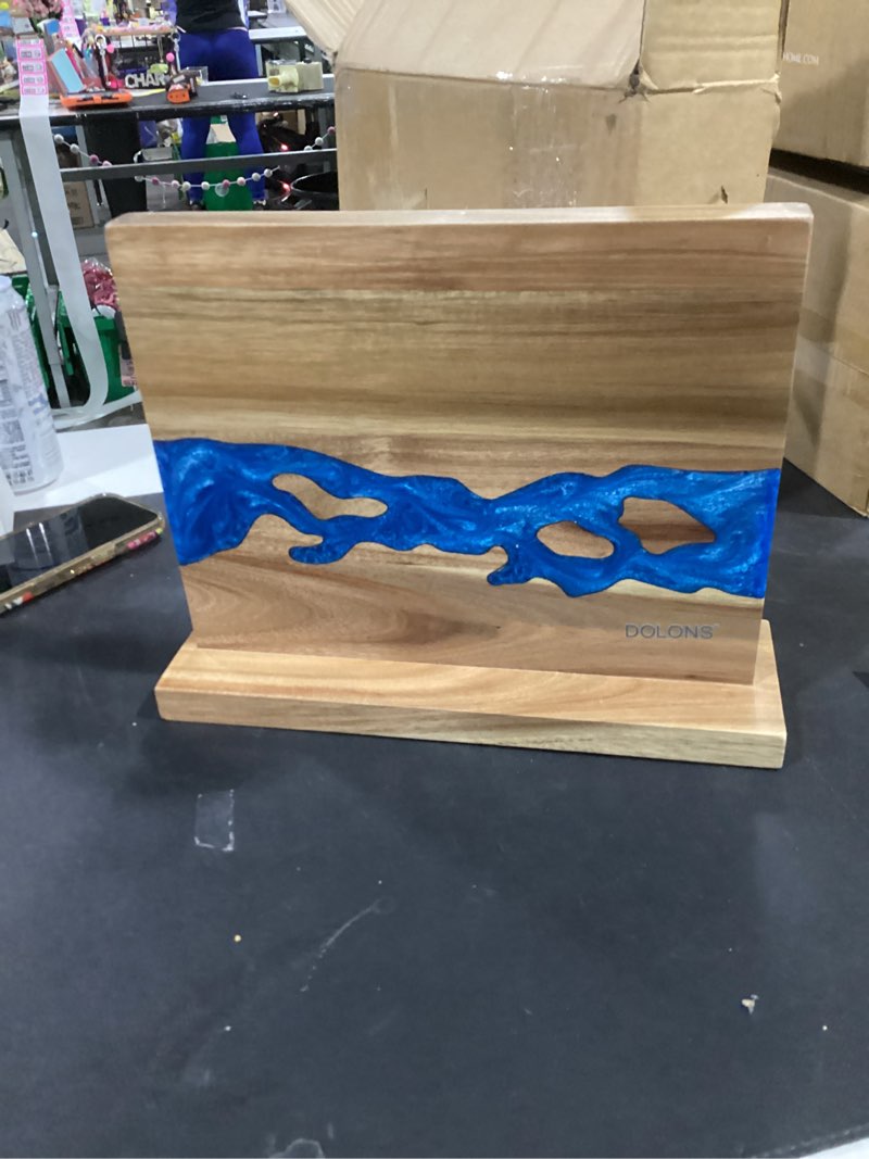 Condition photo showing Good Condition for magnetic knife block,acacia wood and resin kitchen magnetic knife holder?equipped with strong magnets,multifunctional double side knife storage organizer for kitchen counter ?gifts for new home brown+blue