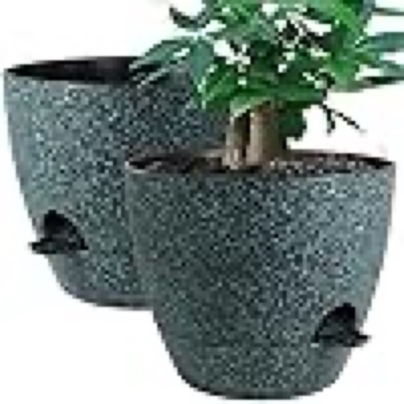 12inch 2pack large self watering planters, plastic plant pots with 60oz removable deep reservoir and multi mesh drainage holes for indoor outdoor garden plants and flowers, black with green speckles
