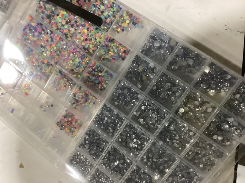 Condition photo showing New/Like New for 2 Boxes Rhinestones for Bedazzling Kits, Multicolor 3mm & Silver Clear 2/3/4/5/6mm Resin Flatback Gems for Diamond Art, Bedazzler Kit with 3Pcs 10ml B7000 Jewelry Glue for DIY Crafting Crafts Decor