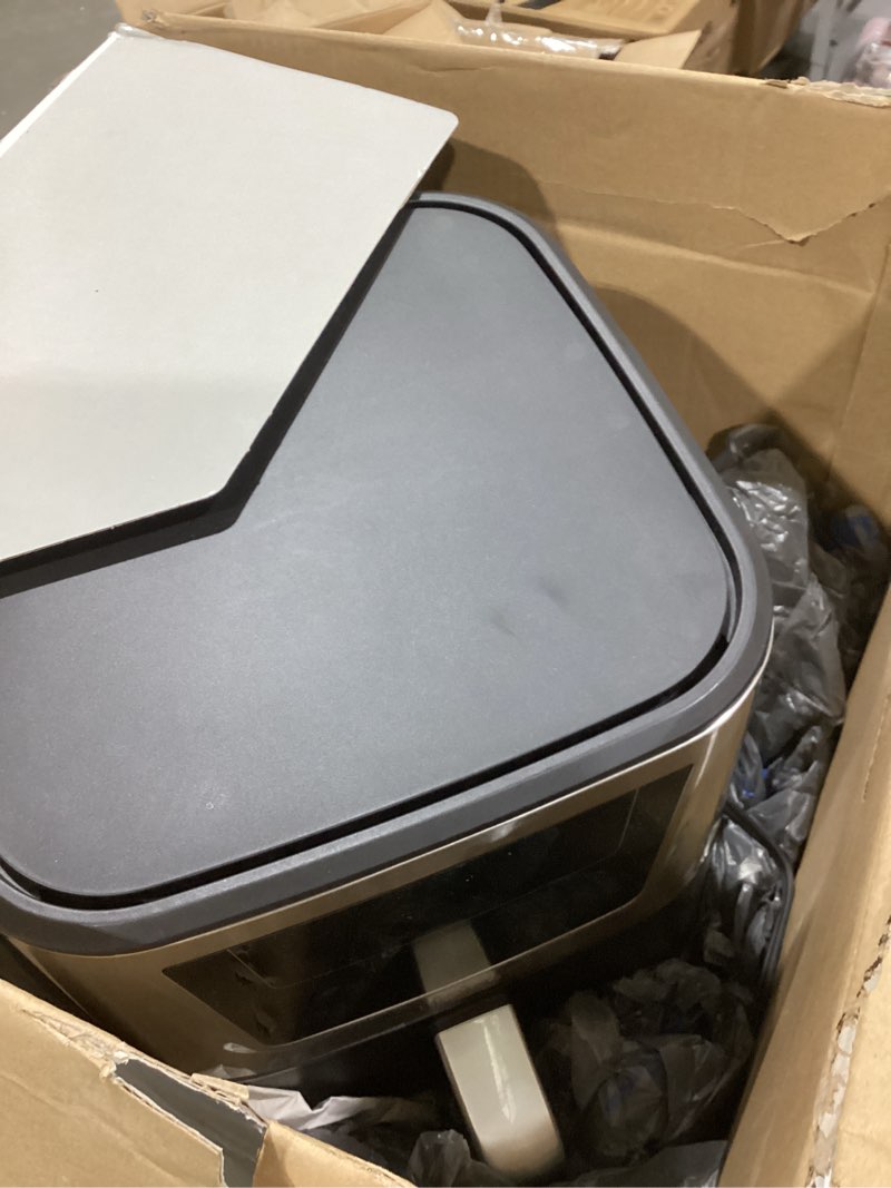 Condition photo showing As Is for cuisinart air fryer, 6-quart basket large fryer with 5 cooking functions to roast, bake, broil, air fry and keep warm, 5 airfryer presets, dishwasher-safe parts, air-200nas, stainless steel & black 6 qt. window