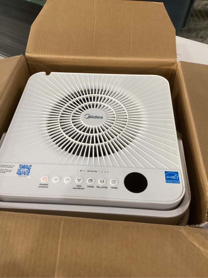 Condition photo showing As Is for not tested midea cube 20 pint dehumidifier for basement, up to 1,500 sq. ft. dehumidifier with drain hose, energy star certificated, smart control, compatible with alexa, white