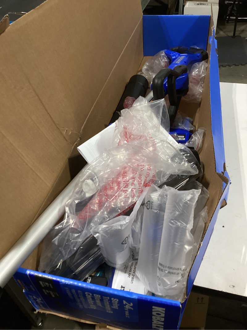 Condition photo showing As Is for kobalt 24-volt cordless battery string trimmer and leaf blower and combo kit (missing parts)