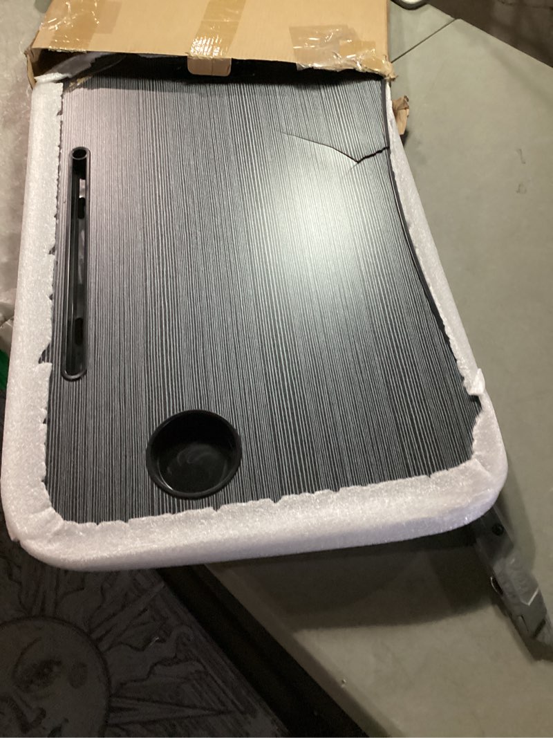 Condition photo showing As Is for buyify folding lap desk, 23 inch portable wood black laptop bed desk lap desk with cup holder, for working reading writing, eating, watching movies for bed sofa couch floor