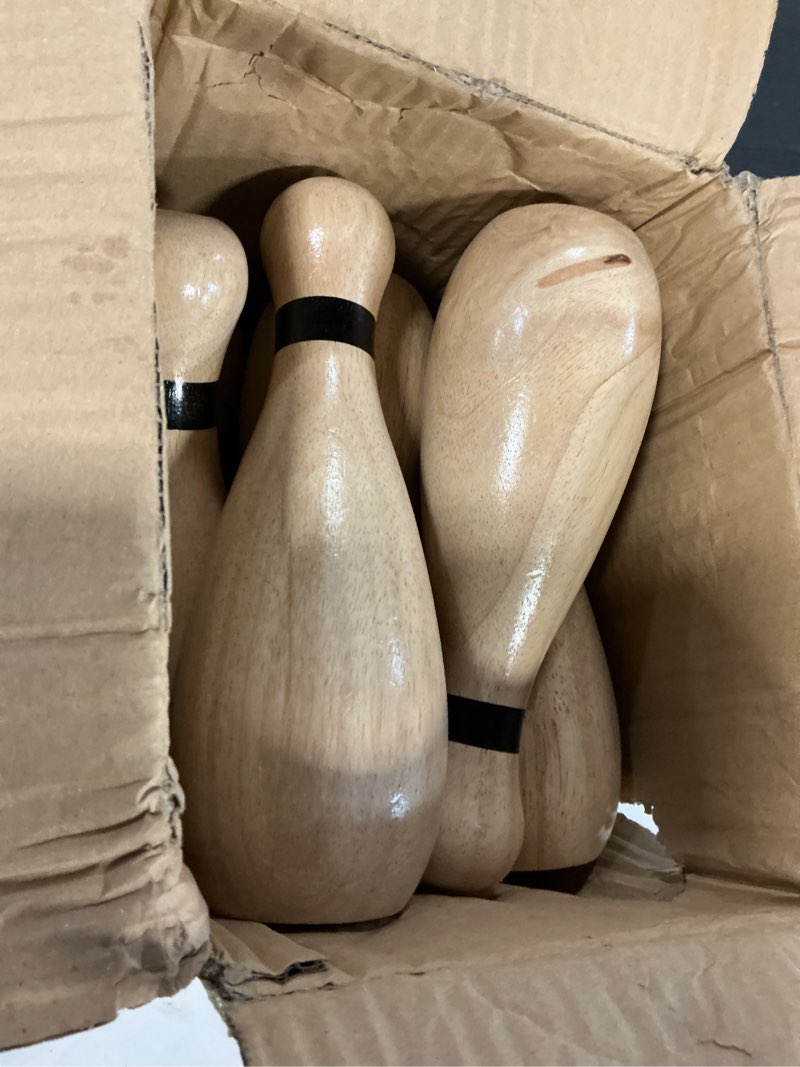 Condition photo showing Good Condition for Long game NI-ROU Outdoor Giant Lawn Bowling Games Rubber Wooden Lawn Set Fun Sports Games Outside or Indoor for Family Adults and Kids Backyard Skittles Carrying Bag with 10 Pins and 2 Balls Large