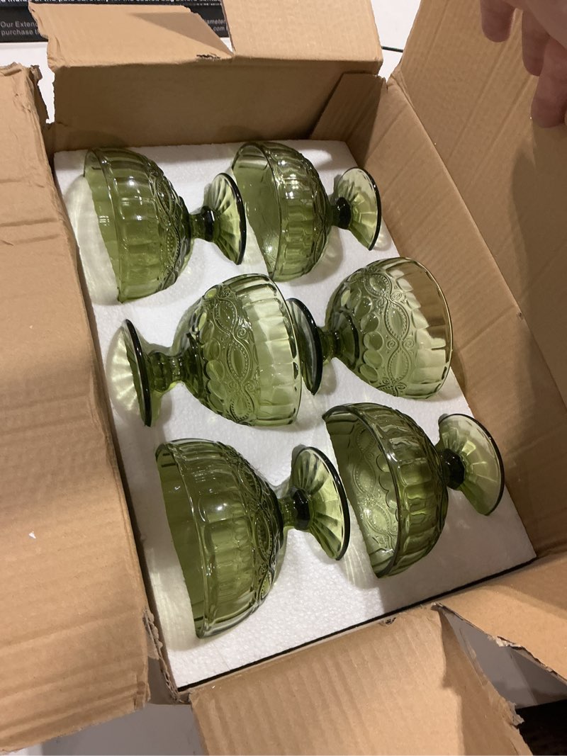 Condition photo showing Good Condition for chljar glass ice cream bowls - set of 6, green small glass bowls vintage pressed pattern ice cream cups/dessert bowls for coconut peach ice cream fruit pudding trifle parfait(12 oz, serpentine) green serpentine pattern
