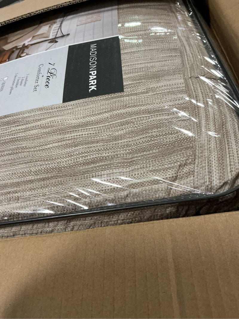 Condition photo showing Good Condition for Madison Park Walter Comforter-Luxe Seersucker Print Design All Season Down Alternative Bedding, Matching Shams, Bedskirt, Decorative Pillows, King (104 in x 92 in), Taupe King (104 in x 92 in) Taupe