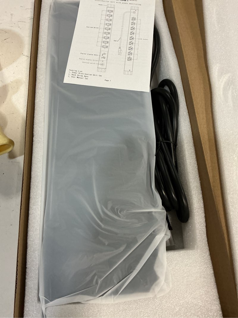 Condition photo showing New/Like New for 9 outlet rack mount power strip with individual switches, pdu surge protector 15a 125v 1875w, 1u server rack power distribution unit with overload protection and power monitoring, 6.5ft cord 9-outlet individual switched & monitored pdu