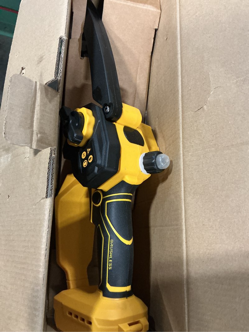 Condition photo showing As Is for mini chainsaw cordless for dewalt 20v max battery,8-inch and 6-inch 2-in-1 brushless chainsaw with 750w brushless chain saw - 24.6ft/s cutting, 4000rpm, for wood cutting(battery not included) (yellow)