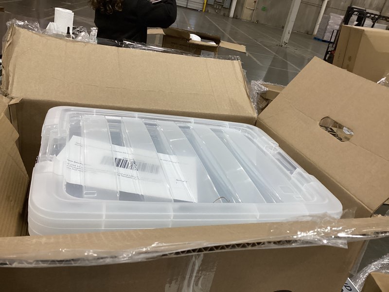 Condition photo showing Good Condition for IRIS USA 32 QT Plastic Storage Box with Lid and Latches - 6 Pack - BPA-Free, See-Through Organizing Solution, Durable Nestable Stackable Containers, Secure Pull Handle - Clear Clear 32 Qt 6 Pack