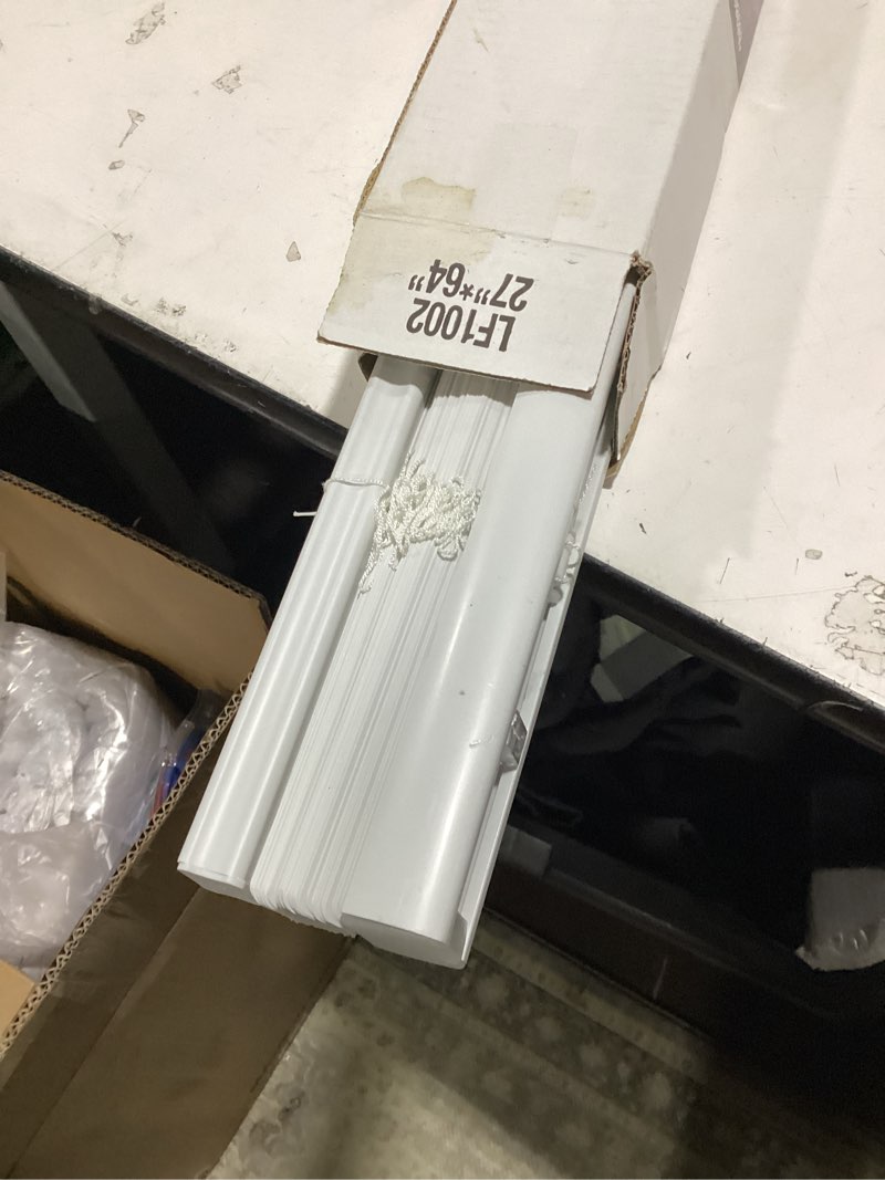 Condition photo showing New/Like New for project source light filtering 1-in slat width 27-in x 64-in cordless white vinyl light filtering mini-blinds