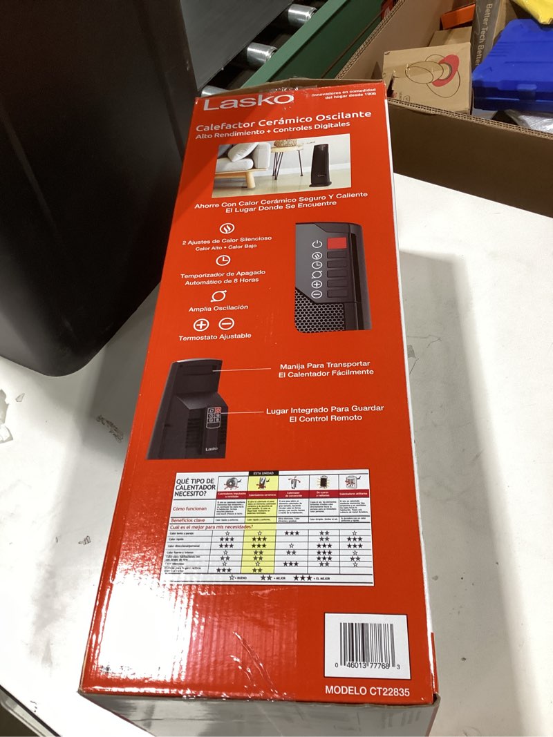 Condition photo showing As Is for lasko 22  1500w oscillating ceramic tower space heater with remote  black  ct22835  new