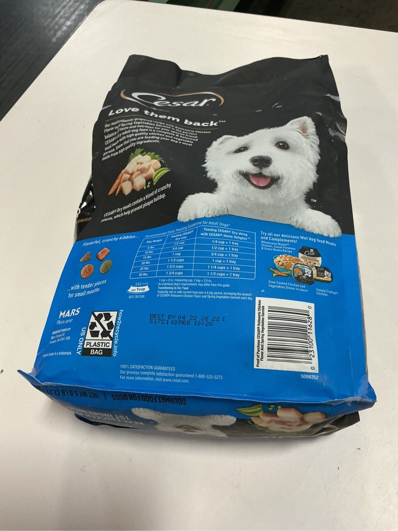 Condition photo showing New/Like New for (Best By 04/22/2026) Cesar Rotisserie Chicken, Carrot, Pea and Vegetable Flavor Small Breed Dry Dog Food - 5lbs