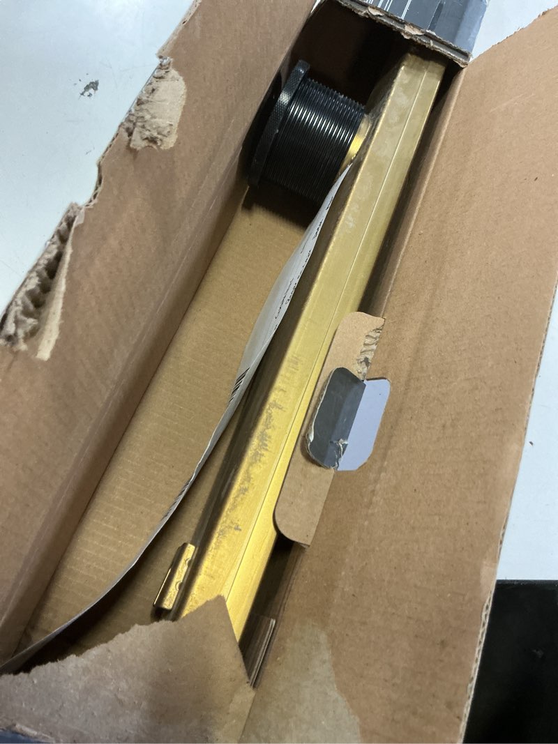 Condition photo showing As Is for 24-inch brushed gold linear shower drain, 304 stainless steel long linear drain with quadrato pattern grate, rectangle shower floor drain with adjustable feet, hair strainer, fits bathroom, balcony brushed gold 24 inch